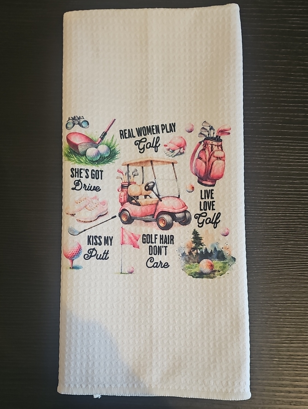 White Kitchen, Bathroom, Or Golf Towel with Pink Golf Cart & Golf Motifs